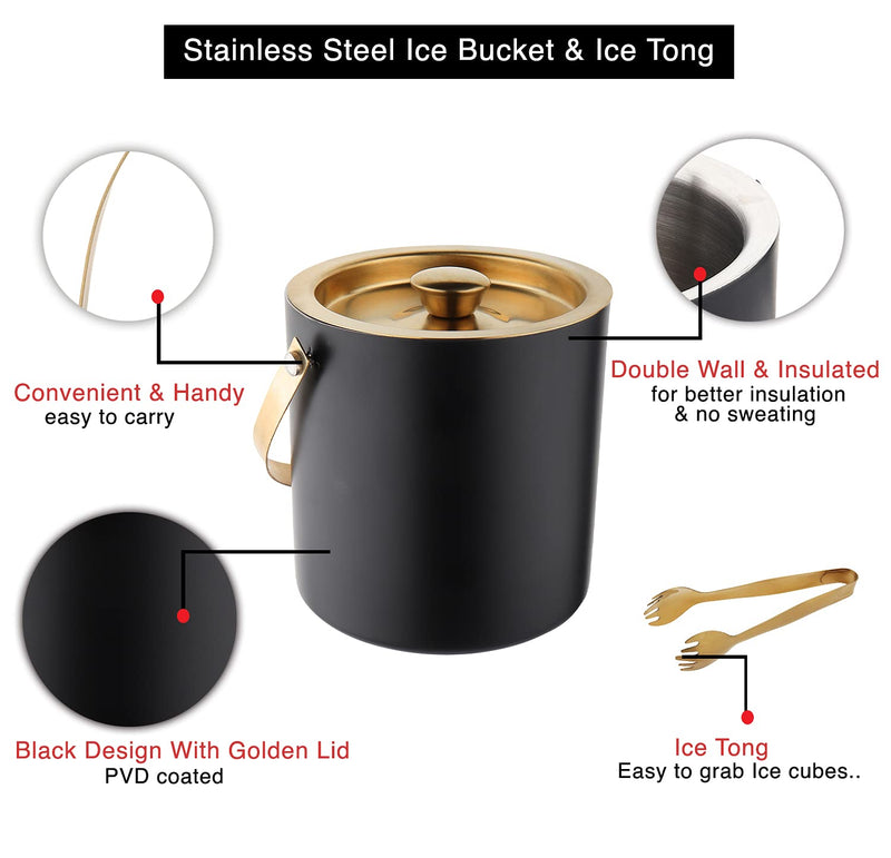 Stainless Steel Premium Black & Gold Bar Set for Drink/Gift, Ice Bucket, Cocktail Shaker, Ice Scooper, Peg Measure/Jigger & Tong with Set of 6 Drink Glasses