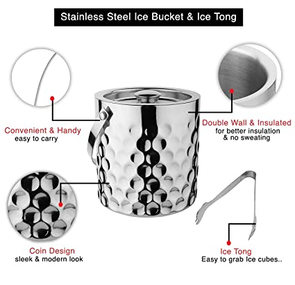 Steren Impex | Stainless Steel Coin Design Double Wall Ice Bucket with Tong with Set of 2 Drink Glasses