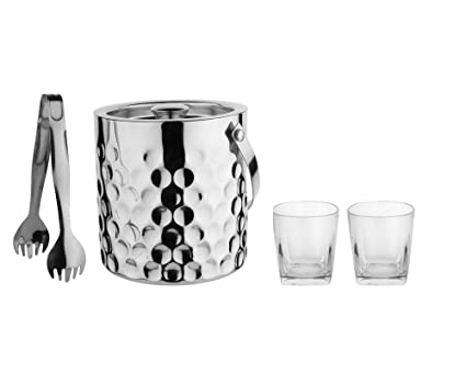 Steren Impex | Stainless Steel Coin Design Double Wall Ice Bucket with Tong with Set of 2 Drink Glasses
