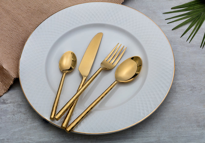 Aura - Gold (PVD Coated) Premium Stainless Steel Cutlery - Glossy, 24 Pcs Set