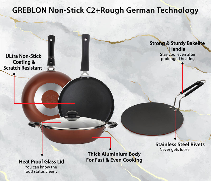 GREBLON Non Stick Cookware - Set of 5 Piece (Gas Stove Compatible Only) - Copper (Free Tadka Pan)