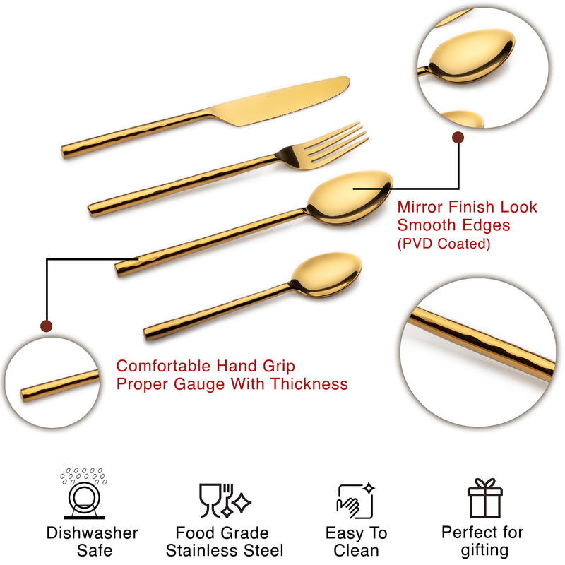 Aura - Gold (PVD Coated) Premium Stainless Steel Cutlery - Glossy, 24 Pcs Set
