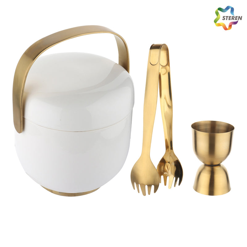Premium Creamic Ice Bucket with Tong and Peg Measure - Off White Pvd