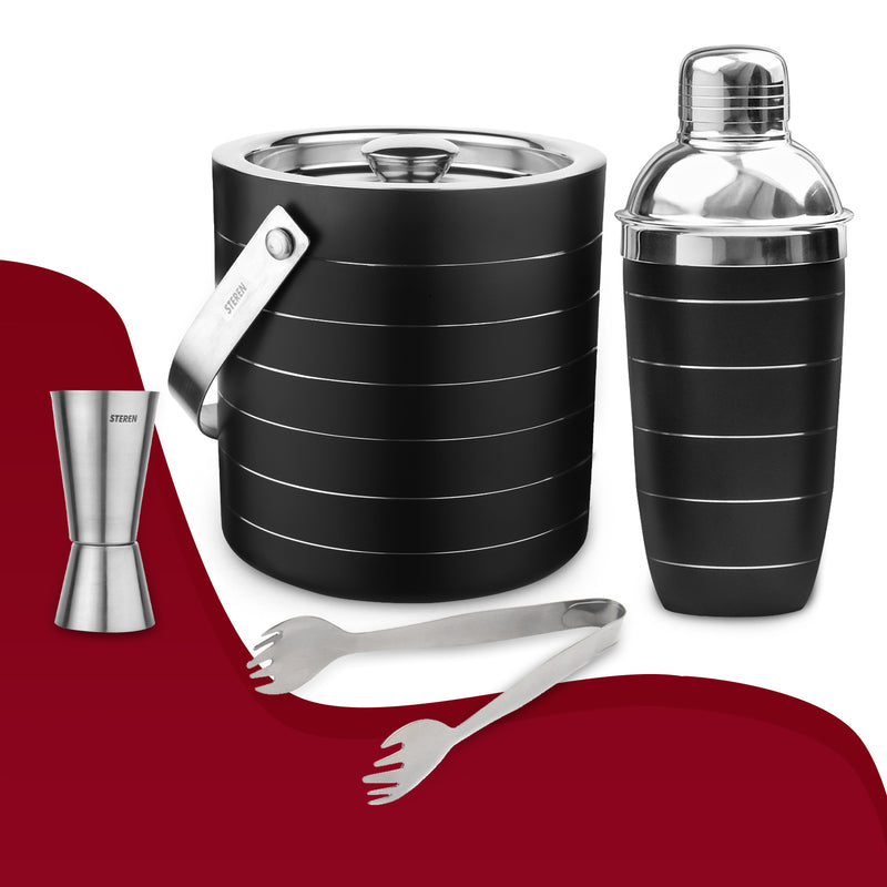 Stainless Steel Ice Bucket with Tong, Peg Measurer & Cocktail Shaker - Black Ring
