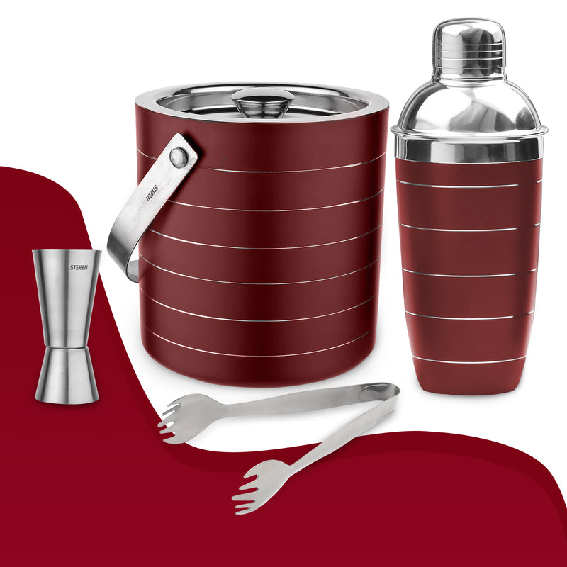 Stainless Steel Ice Bucket with Tong, Peg Measurer & Cocktail Shaker - Cherry
