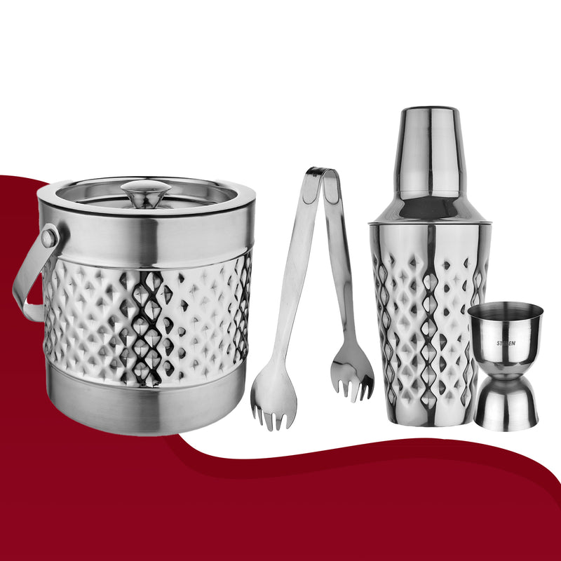 Stainless Steel Ice Bucket with Tong, Peg Measurer & Cocktail Shaker - Diamond