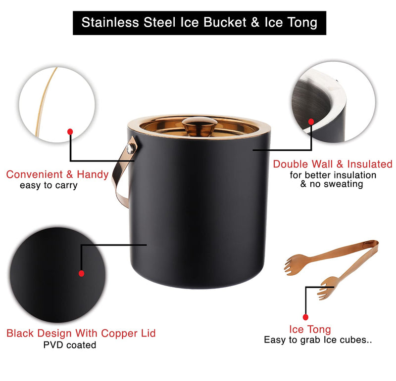 Stainless Steel Premium Black & Copper Bar Set for Drink/Gift, Ice Bucket, Cocktail Shaker, Ice Scooper, Peg Measure/Jigger & Tong with Set of 6 Drink Glasses
