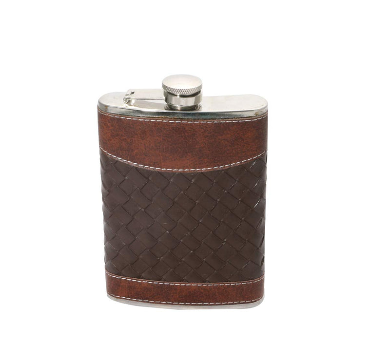 Stainless Steel Brown Leather Wrapped - Hip Flask, 230 ml