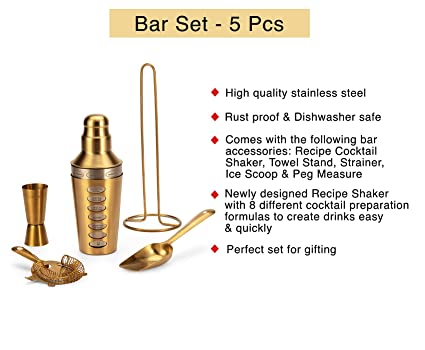Steren Impex | 5 Piece Stainless Steel Barware Gift Set Combo, Small - Gold PVD Coated Festival Gifting Set/Combo