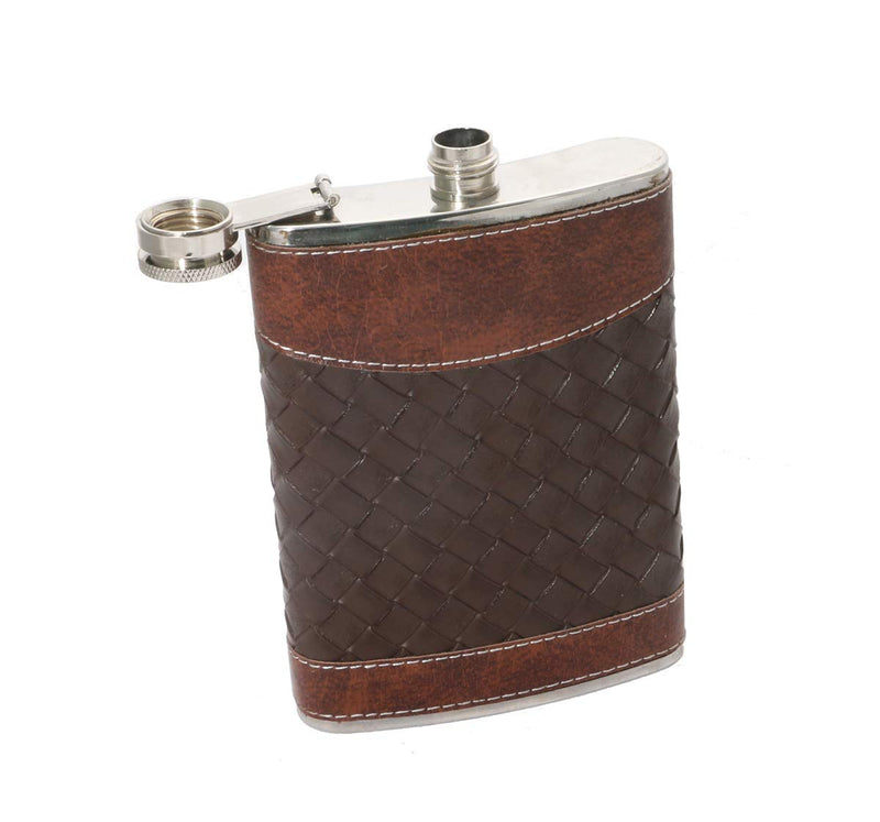 Stainless Steel Brown Leather Wrapped - Hip Flask, 230 ml