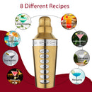 8 Drink Recipe Cocktail Shaker with Strainer (PVD Coated) - Gold, 750 ml by Steren Impex