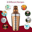 8 Drink Recipe Cocktail Shaker with Strainer (PVD Coated) - Copper, 750 ml by Steren Impex