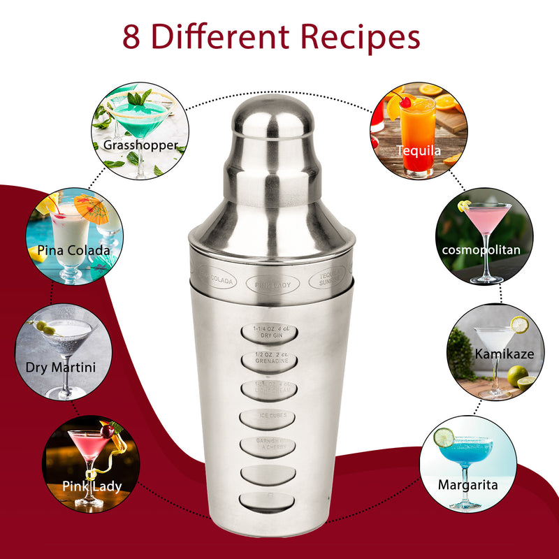 8 Drink Rotation Recipe Guide Cocktail Shaker with Strainer