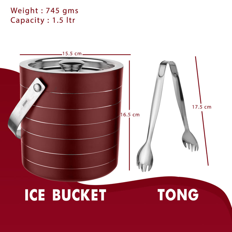 Stainless Steel Ice Bucket with Tong, Peg Measurer & Cocktail Shaker - Cherry