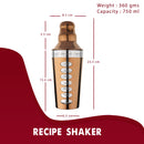 8 Drink Recipe Cocktail Shaker with Strainer (PVD Coated) - Copper, 750 ml by Steren Impex