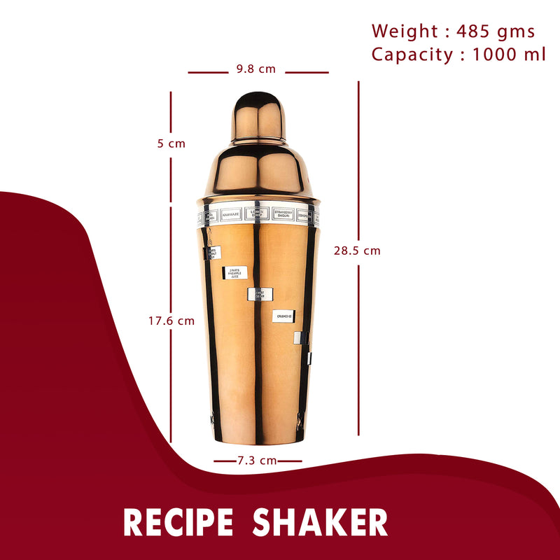 15 Drink Recipe Cocktail Shaker with Strainer (PVD Coated) - 1000 ml by Steren Impex