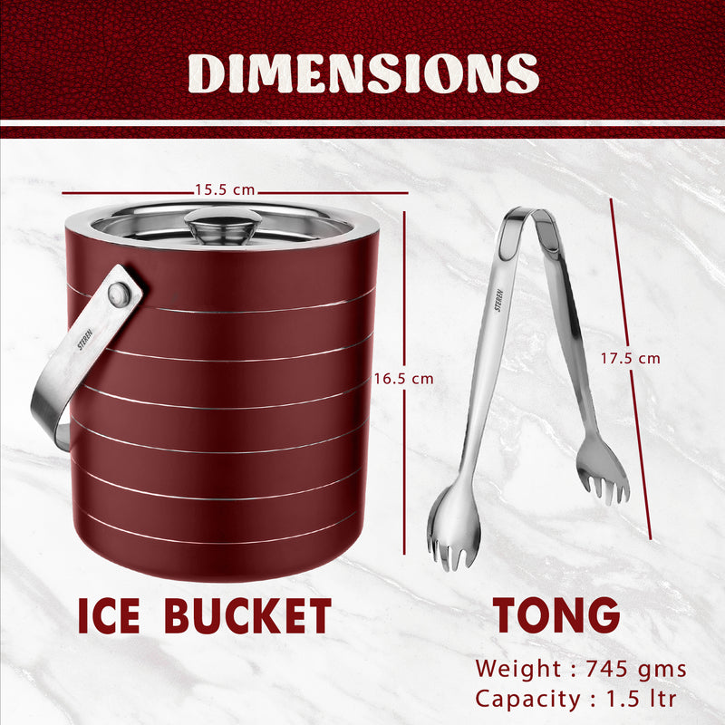 Stainless Steel Double Wall Ice Bucket with Tong - Cherry | 2 Whiskey Glasses FREE