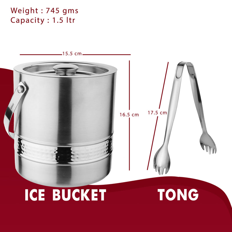 Stainless Steel Ice Bucket with Tong, Peg Measurer & Cocktail Shaker - Hammered Band