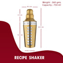 8 Drink Recipe Cocktail Shaker with Strainer (PVD Coated) - Gold, 750 ml by Steren Impex