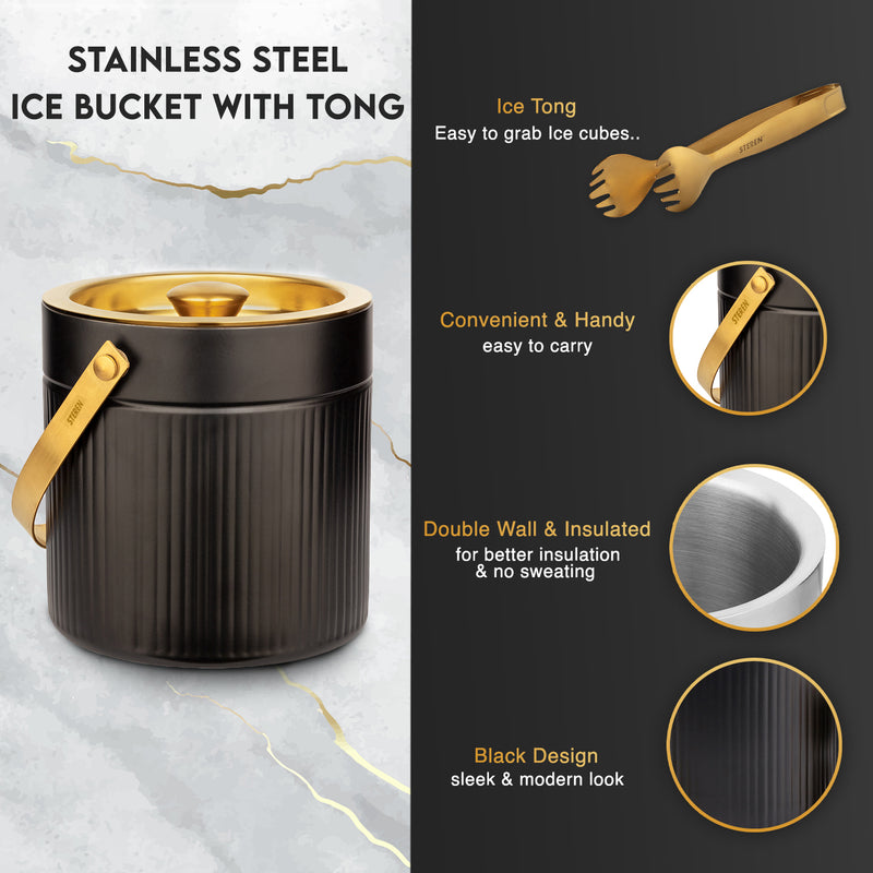 Stainless Steel - Double Wall Pattern Design Ice Bucket with Tong - Black & Gold (PVD Coated)