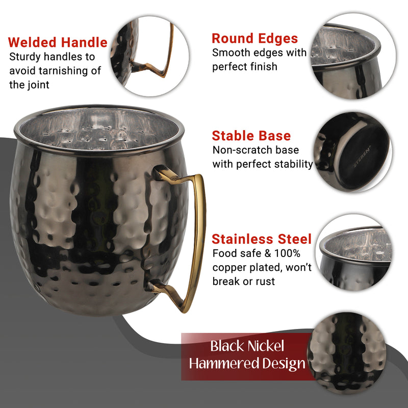 Stainless Steel Moscow Mule Beer Mug - Hammered Design, Black Nickel Plated