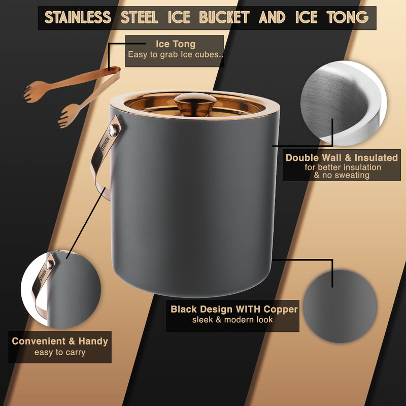 Stainless Steel - Double Wall Ice Bucket with Tong - Gun Metal & Copper