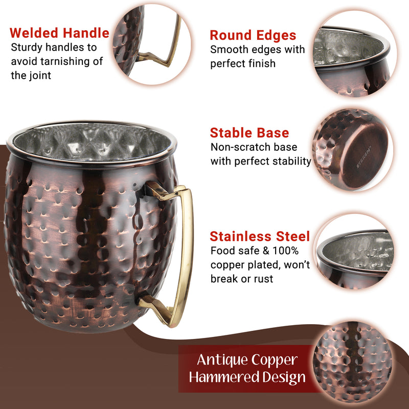 Stainless Steel Moscow Mule Beer Mug - Hammered Design, Antique Copper