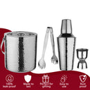 Stainless Steel Ice Bucket with Tong, Peg Measurer & Cocktail Shaker - Full Hammered