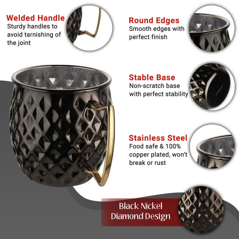 Stainless Steel Moscow Mule Beer Mug - Diamond Design, Black Nickel Plated