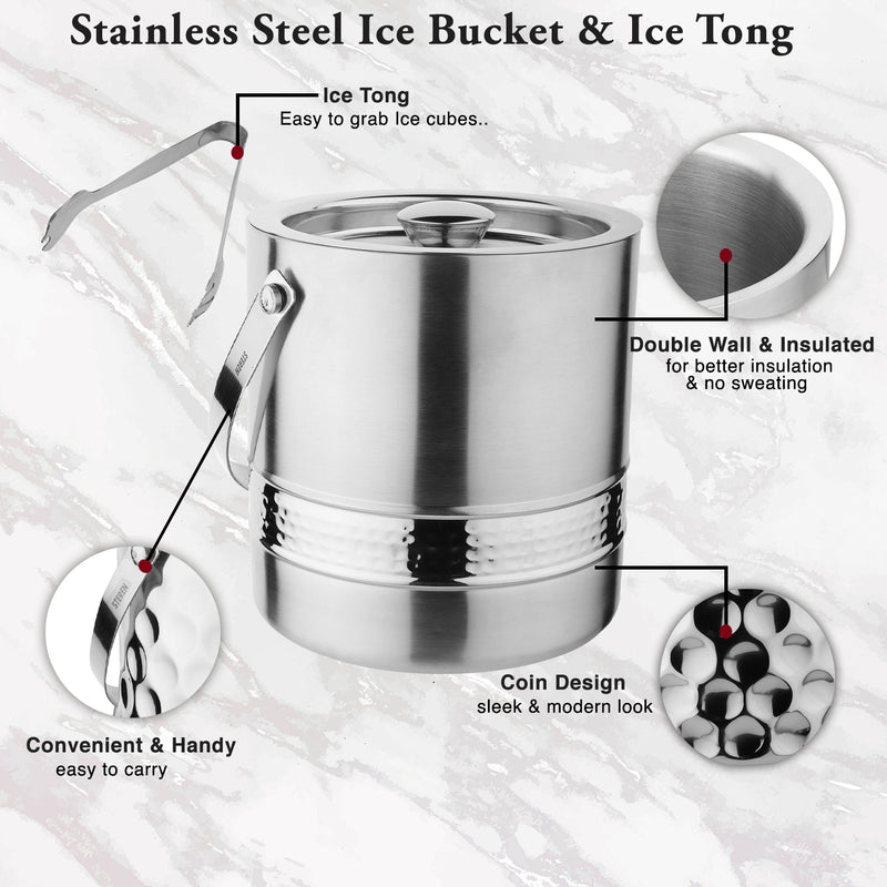 Stainless Steel - Double Wall Ice Bucket with Tong - Hammered Band