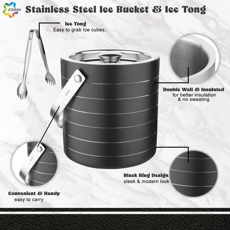 Stainless Steel Double Wall Ice Bucket with Tong - Black | 2 Whiskey Glasses FREE