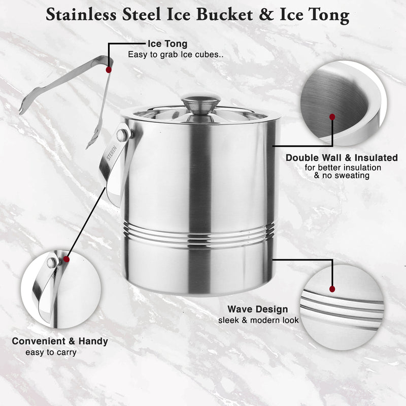 Stainless Steel - Double Wall Ice Bucket with Tong - Wave