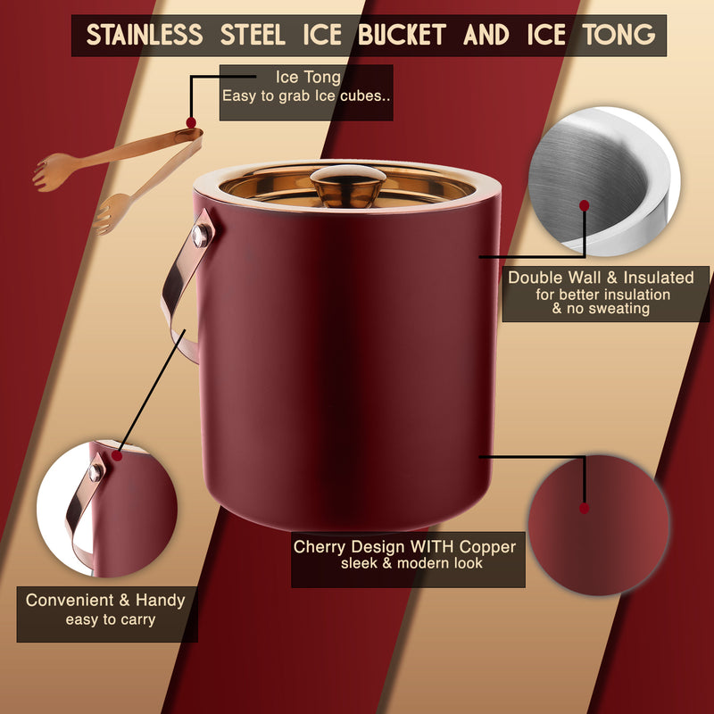 Stainless Steel - Double Wall Ice Bucket with Tong - Cherry & Copper
