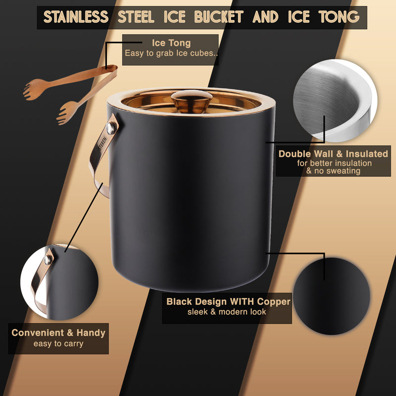 Stainless Steel - Double Wall Ice Bucket with Tong - Black & Copper | 4 Whiskey Glasses FREE