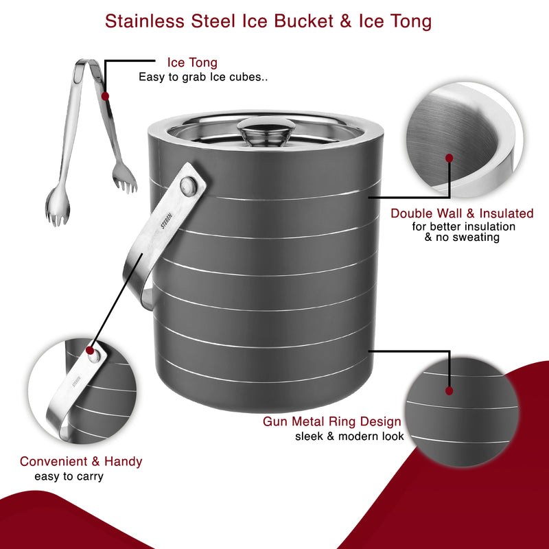Stainless Steel Ice Bucket with Tong, Peg Measurer & Cocktail Shaker - Gun Metal