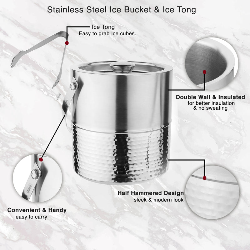 Stainless Steel - Double Wall Ice Bucket with Tong - Half Hammered