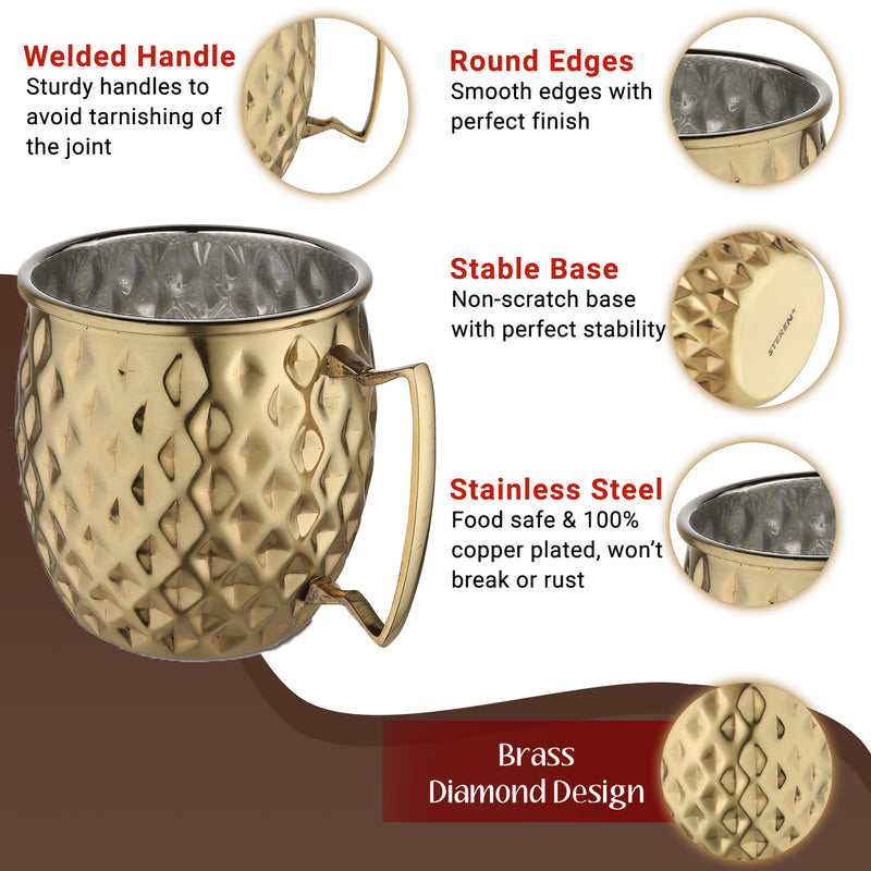 Stainless Steel Moscow Mule Beer Mug - Diamond Design, Brass