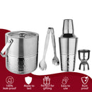 Stainless Steel Ice Bucket with Tong, Peg Measurer & Cocktail Shaker - Hammered Band