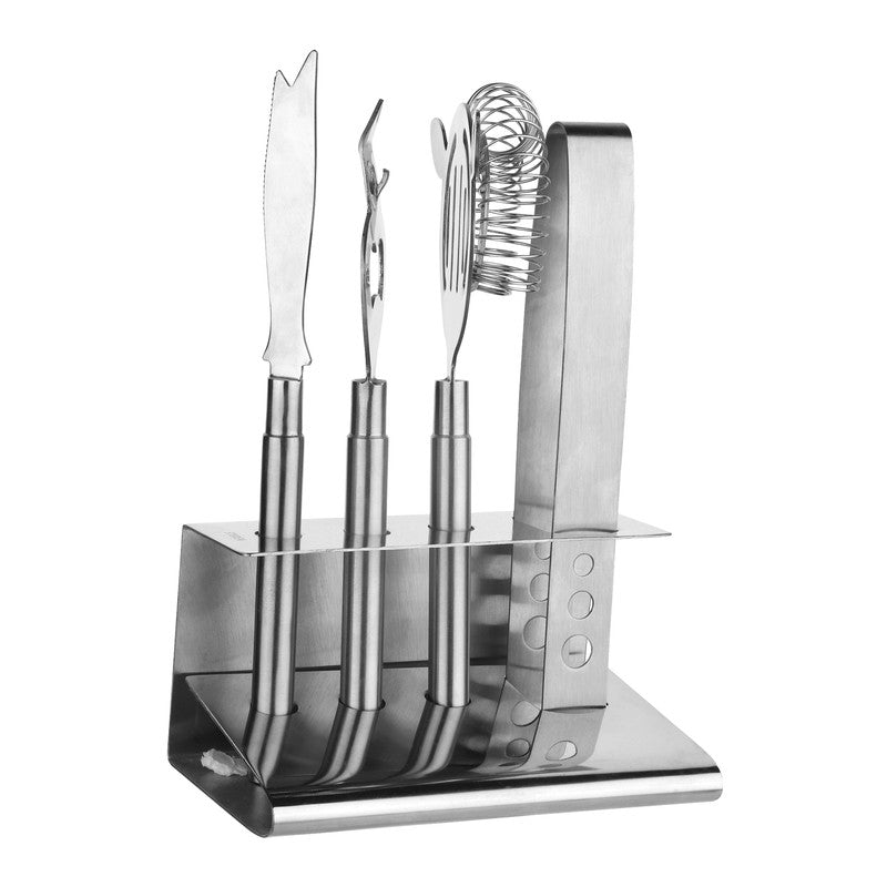 Steren Impex| Stainless Steel- Bar Tool set | Set of 4 Tools with Stand | Ice Tong , Bar Strainer, Bottle Opener & knife