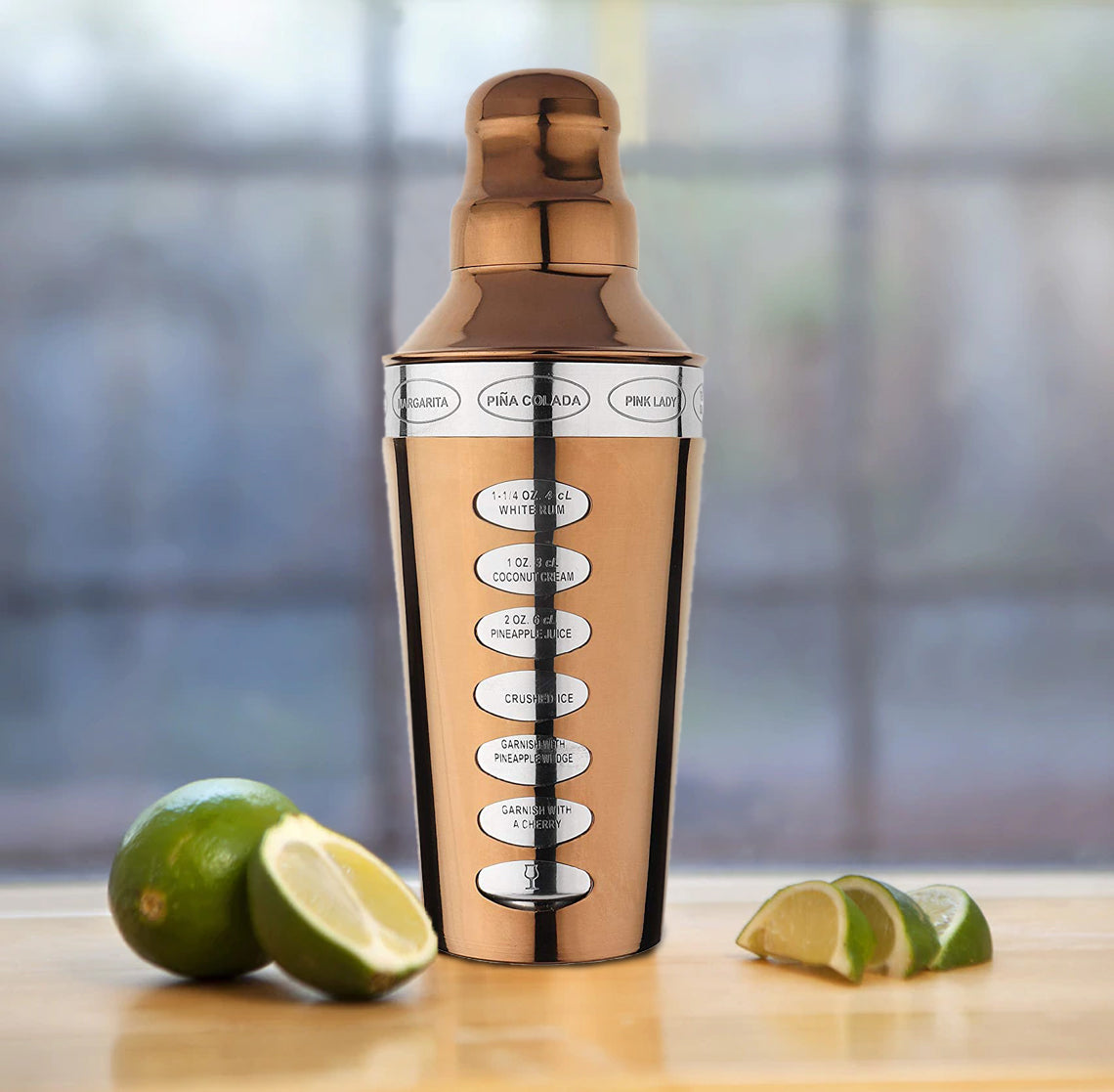 8 Drink Recipe Cocktail Shaker with Strainer (PVD Coated) - Copper, 75