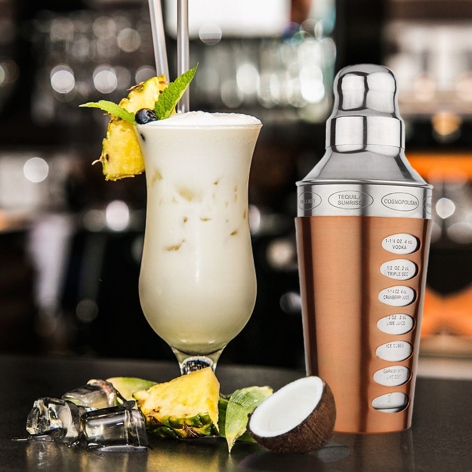 8 Drink Recipe Cocktail Shaker with Strainer - Bronze, 750 ml by Stere