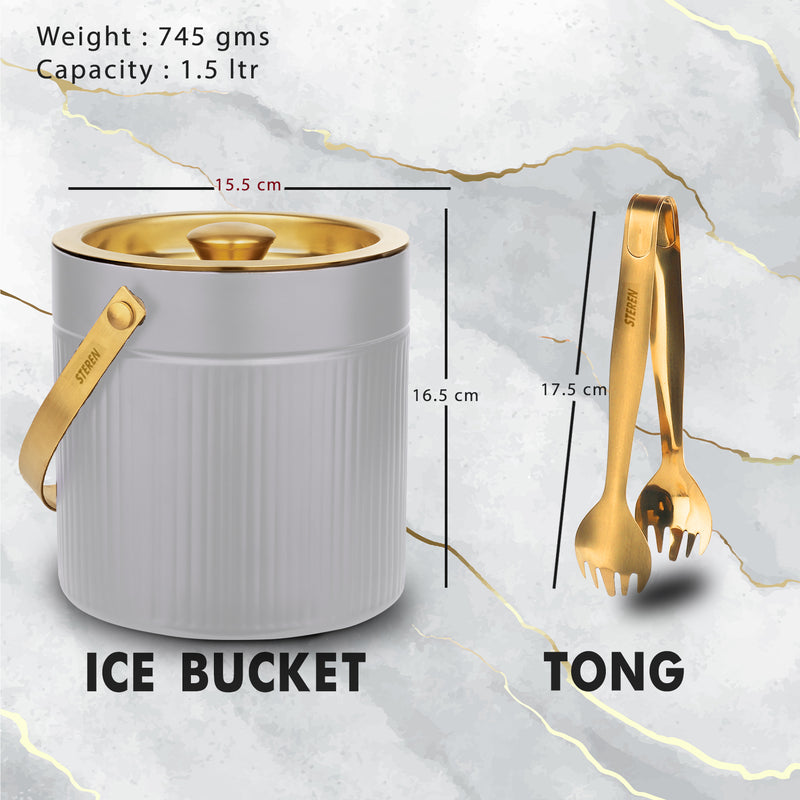 Stainless Steel - Double Wall Pattern Design Ice Bucket with Tong - Off White & Gold (PVD Coated)