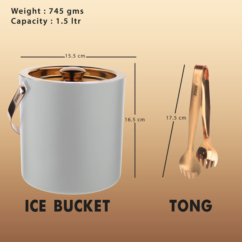 Stainless Steel - Double Wall Ice Bucket with Tong - Off White & Copper