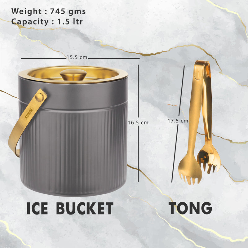 Stainless Steel - Double Wall Pattern Design Ice Bucket with Tong - Gun Metal & Gold (PVD Coated)