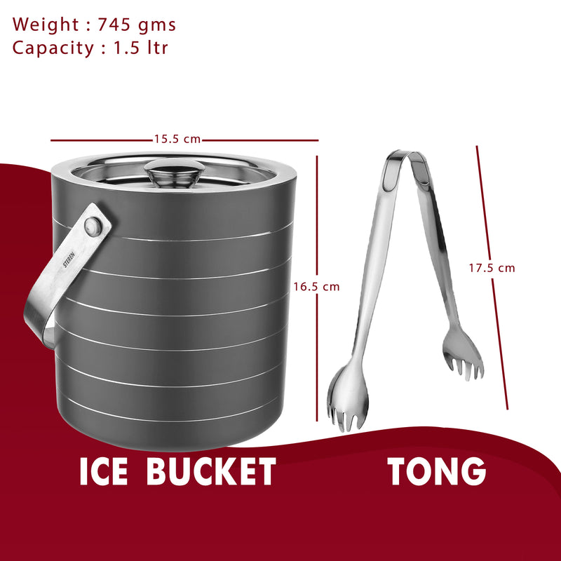 Stainless Steel Ice Bucket with Tong, Peg Measurer & Cocktail Shaker - Gun Metal