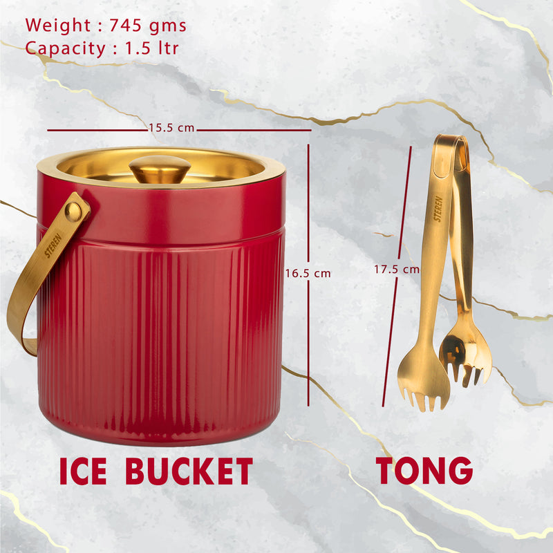 Stainless Steel Double Wall Pattern Design Ice Bucket with Tong - Cherry & Gold (PVD Coated)