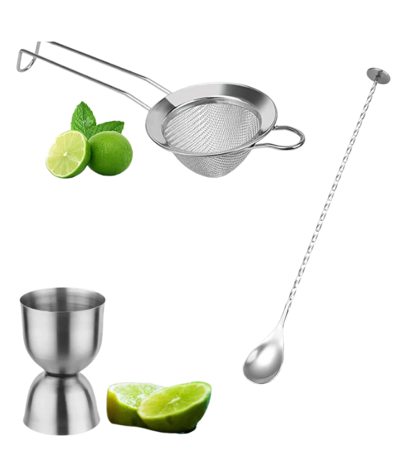 Stainless Steel - Peg Measurer 30/60 ml, Cocktail Strainer and Cocktail Mixing Spoon just @699