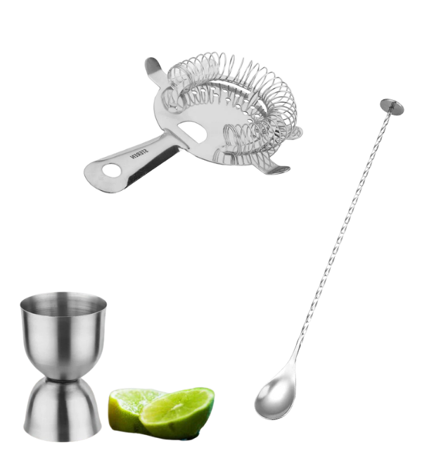 Stainless Steel - Peg Measurer 30/60 ml, Cocktail Strainer and Cocktail Mixing Spoon just @699