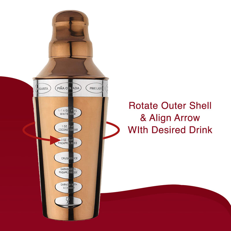 8 Drink Recipe Cocktail Shaker with Strainer (PVD Coated) - Copper, 750 ml by Steren Impex