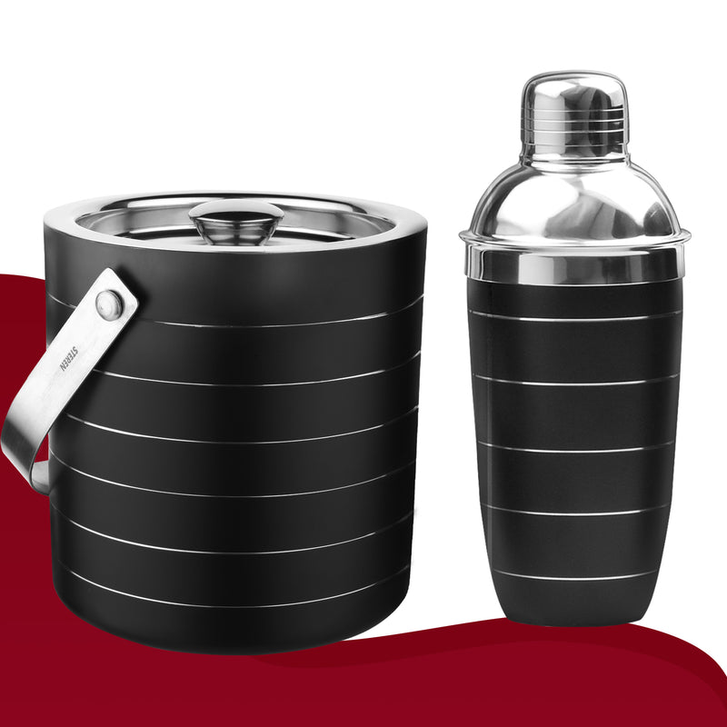 Stainless Steel Ice Bucket with Tong, Peg Measurer & Cocktail Shaker - Black Ring